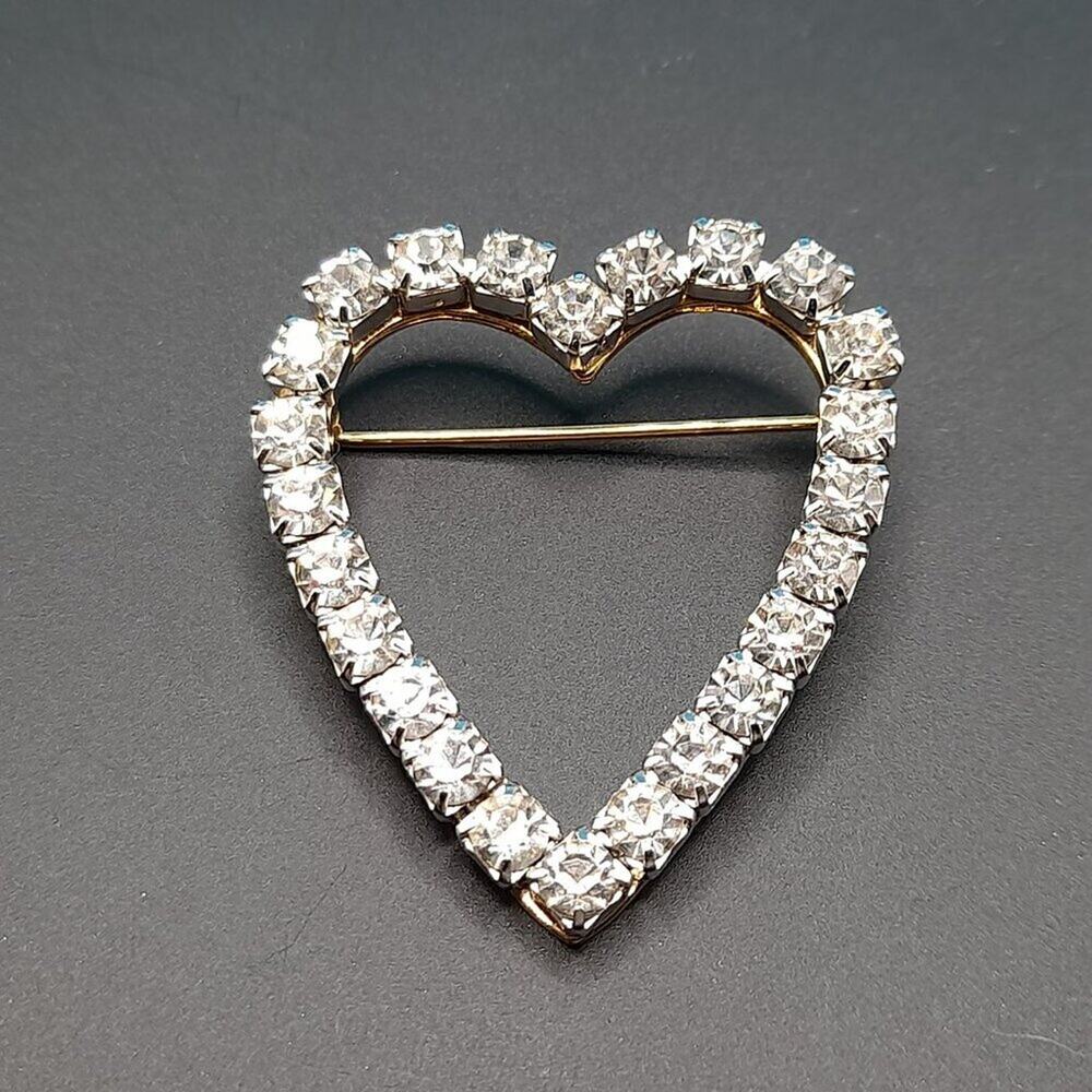 Vintage Clear Rhinestone Heart Brooch, Gold Tone, Prong Set Rhinestones, 1 1/2"